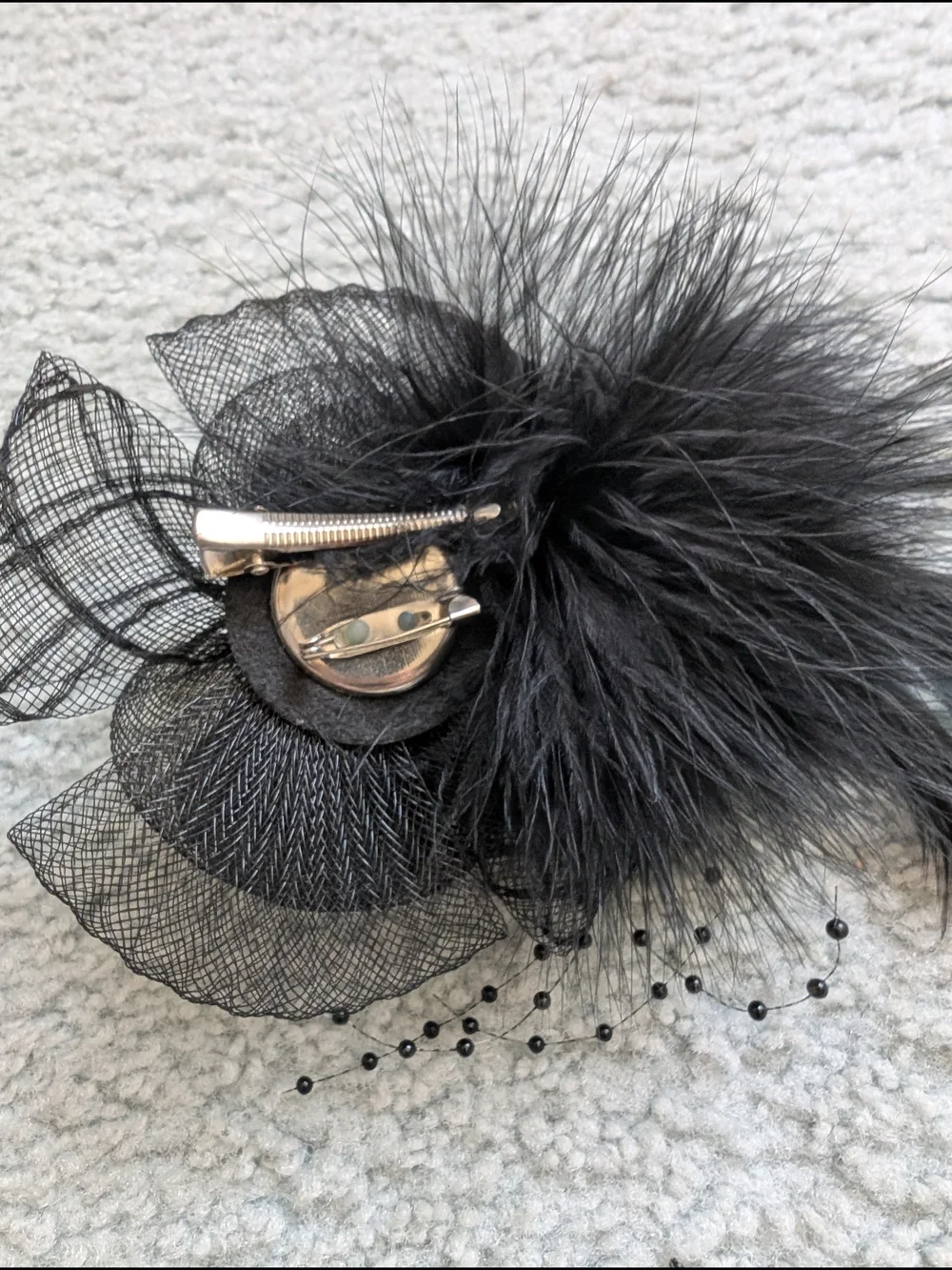 Black Floral Feather Fascinator - Hair Clip Or Lapel Pin